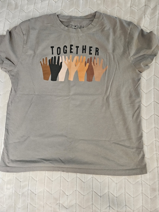 Fifth Sun Tops - Cotton Fifth Sun Womans Together Graphic Tee - Gray Brown with Multi-Tone Hands